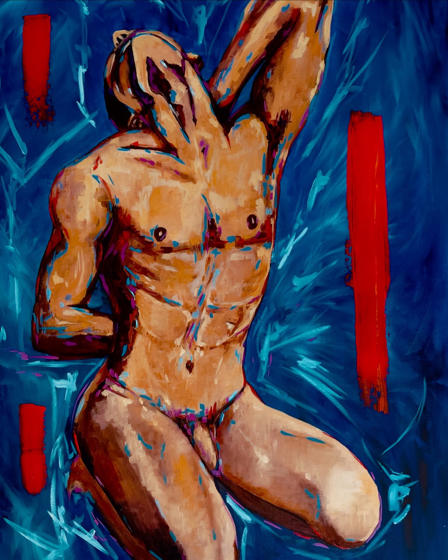Benji by JAN, contemporary oil painting of male figure with expressive pose and bold blue and red abstract background