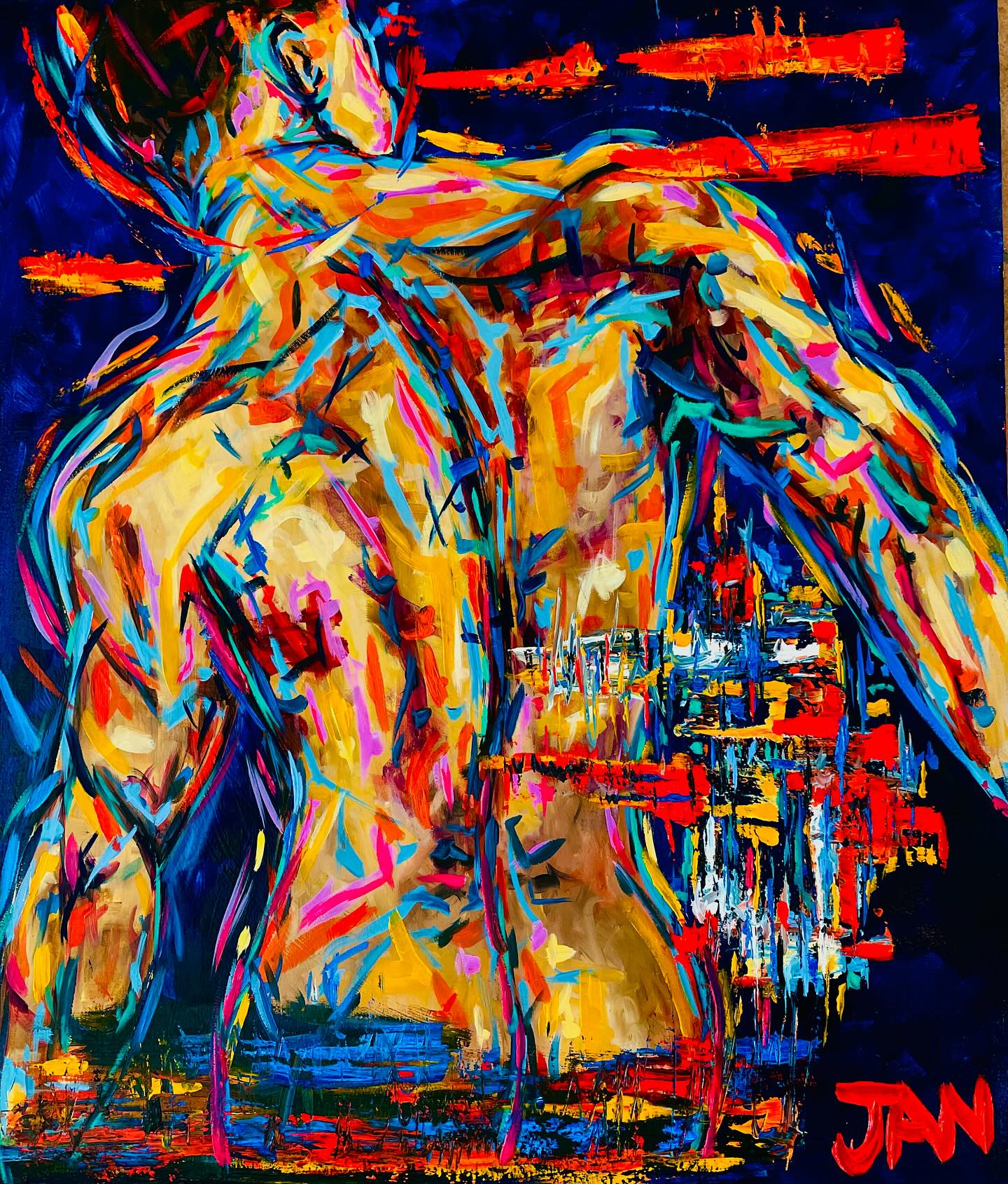 Fireball by JAN, contemporary oil painting of expressive male figure with vibrant multicolour brushstrokes and abstract blue background