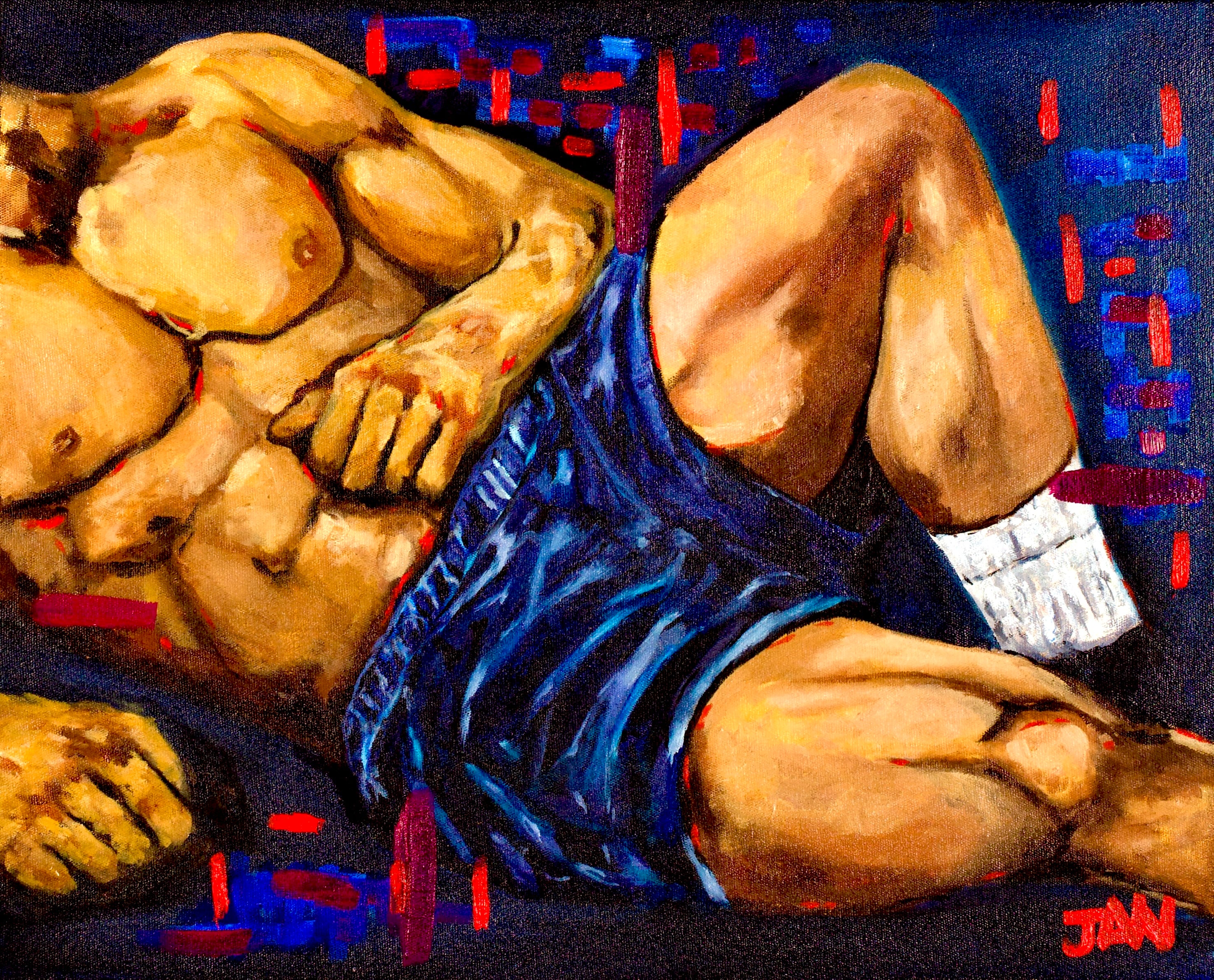 Held Within and Reaching Out diptych by JAN contemporary oil paintings expressive male figures with abstract color and dynamic composition