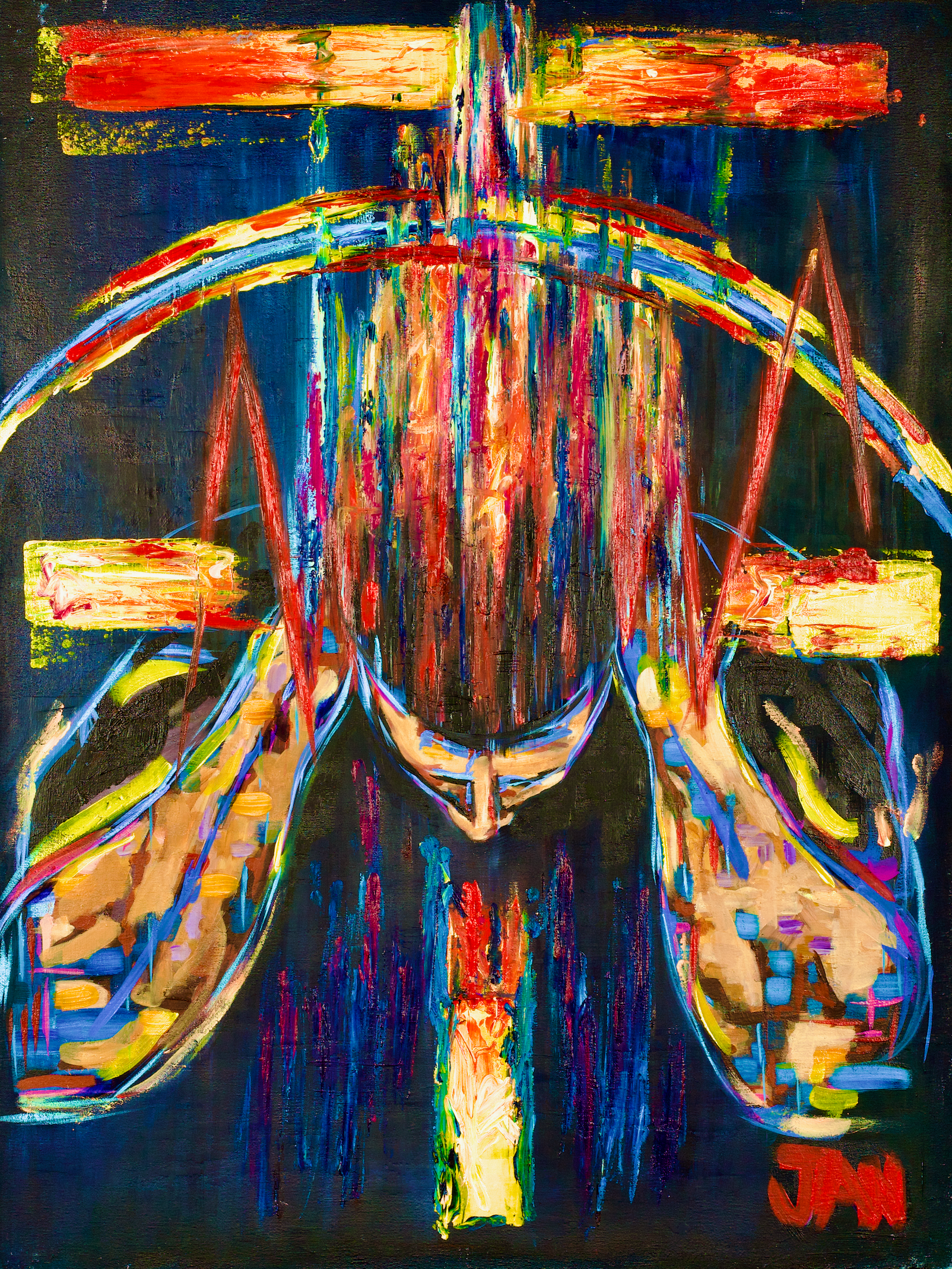 Contemporary expressionist oil artwork titled Lost Vibrations by South African artist JAN featuring a powerful abstract human figure with vibrant energetic brushwork