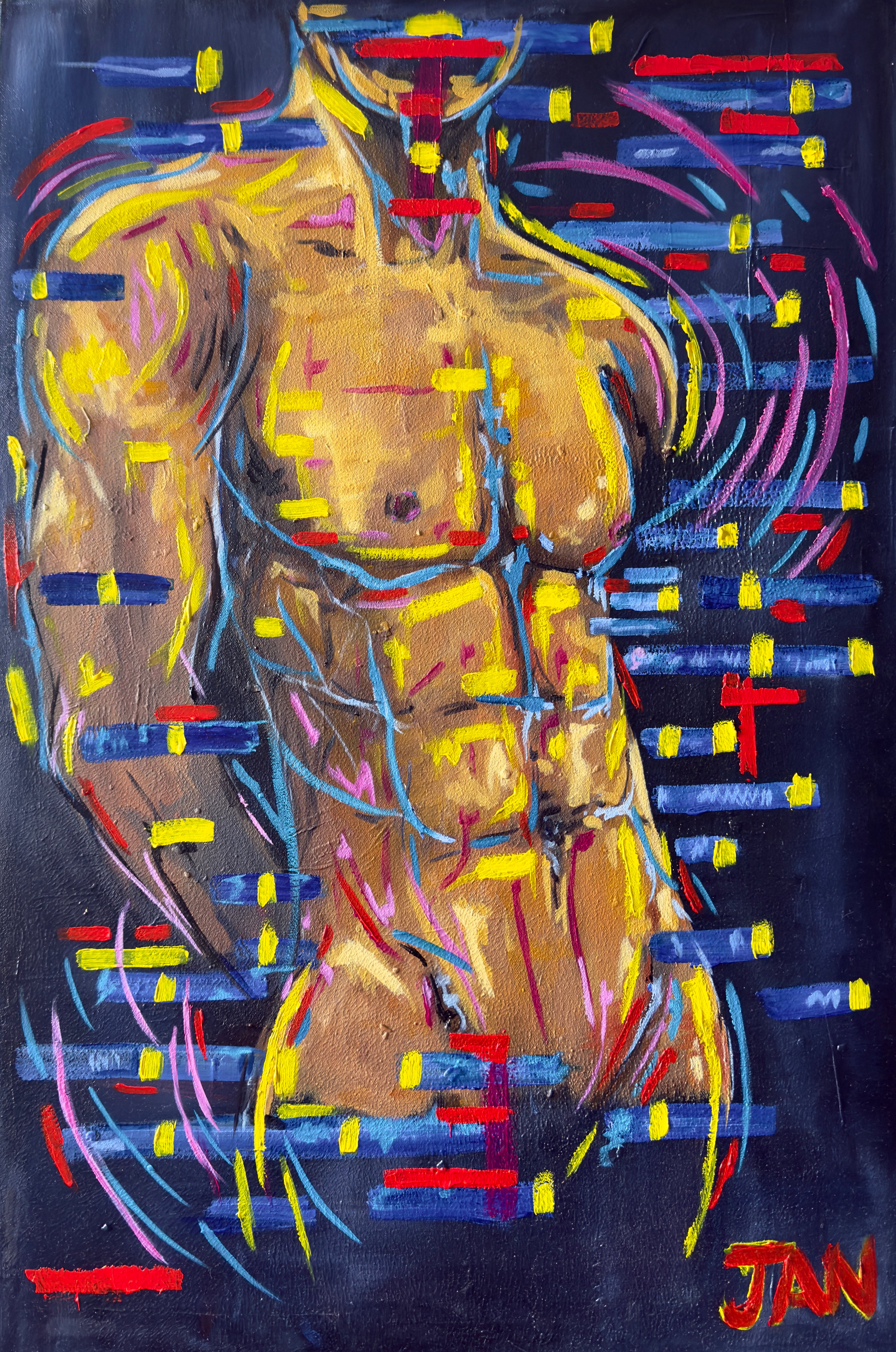 Signal Within by JAN contemporary oil painting expressive male figure with abstract color interruptions and dynamic brushwork