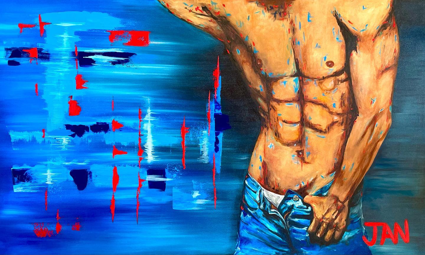 Josh Too by JAN, contemporary oil painting of male torso with abstract blue motion background and expressive red accents