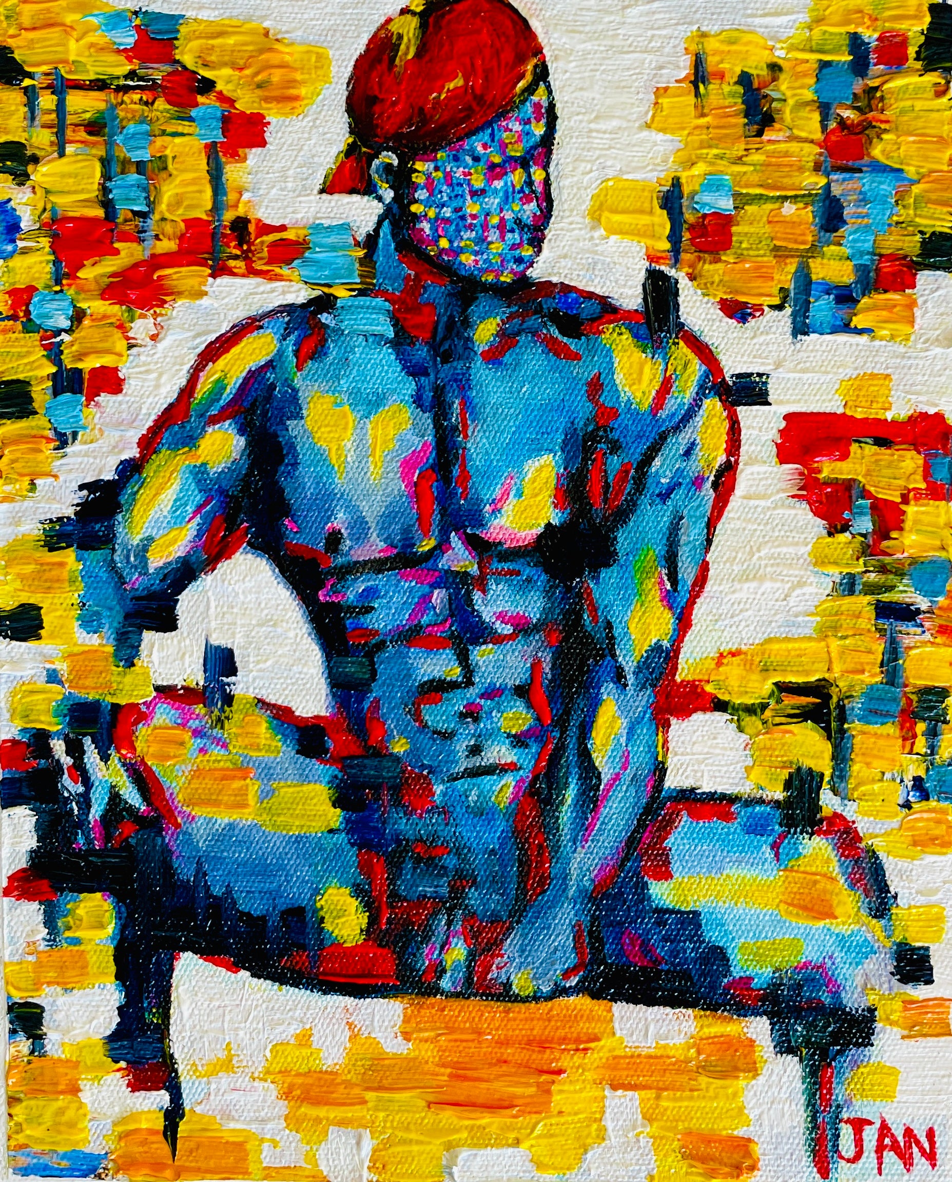 Small contemporary figurative oil artwork titled Number 4 by South African artist JAN featuring vibrant colours and expressive brushwork