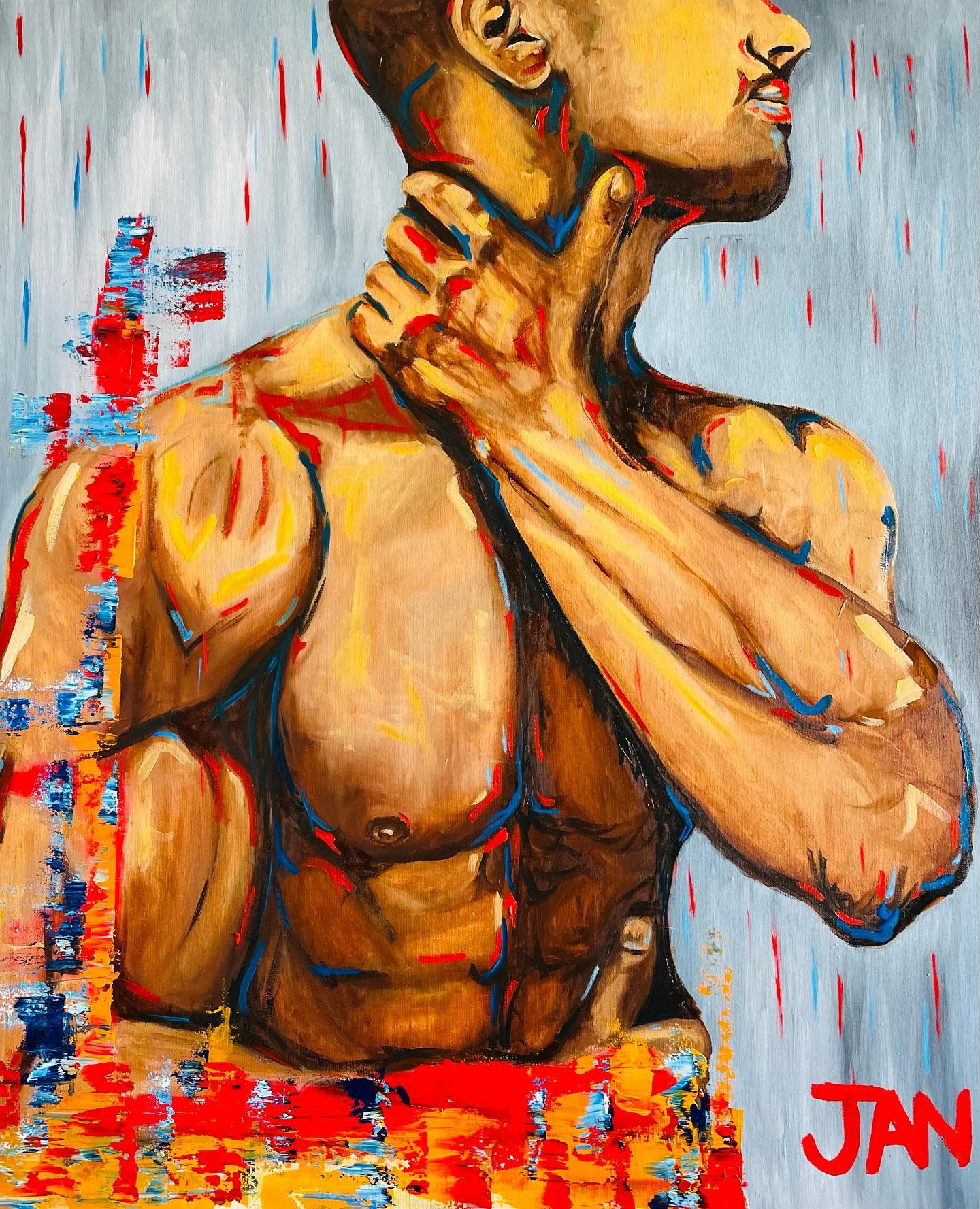 River by JAN, contemporary oil painting of male figure holding neck with expressive brushwork and abstract red and blue accents