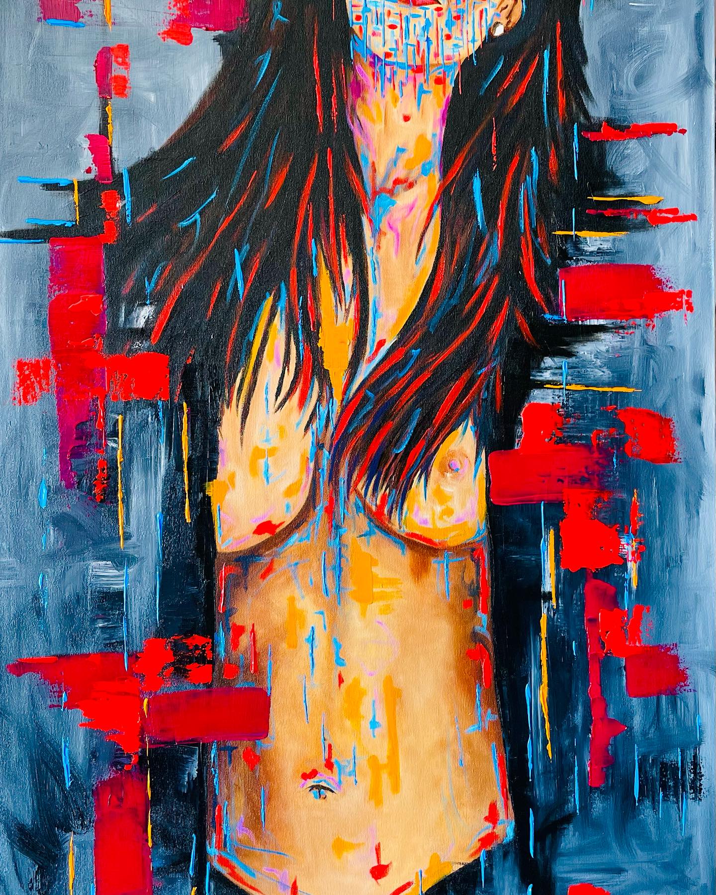 The Rockstar by JAN, contemporary oil painting of expressive long haired figure with bold red, blue and yellow abstract elements