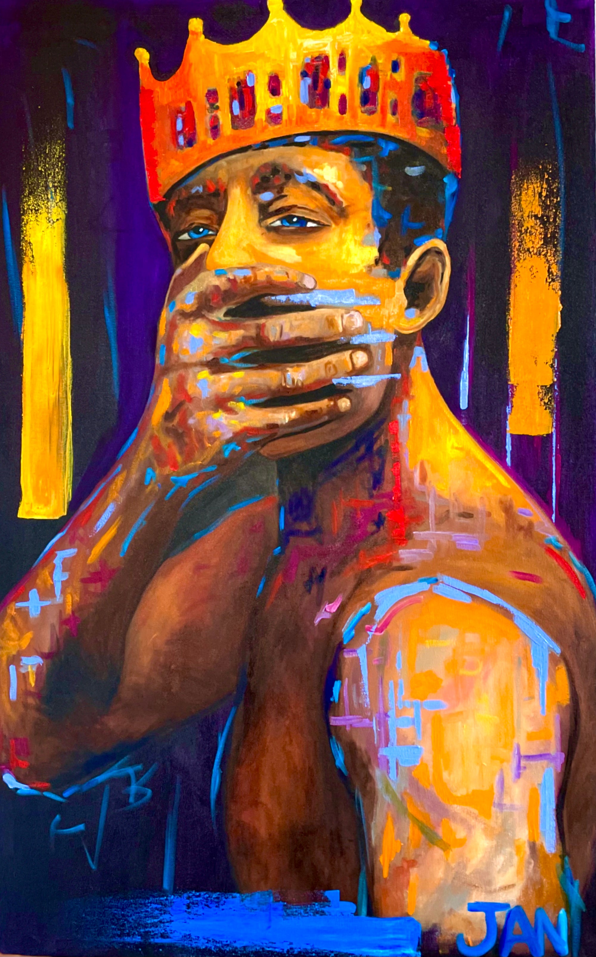 The Shadow Prince oil painting by JAN showing a crowned male figure covering his mouth, rendered in expressive colours against a dark dramatic background.