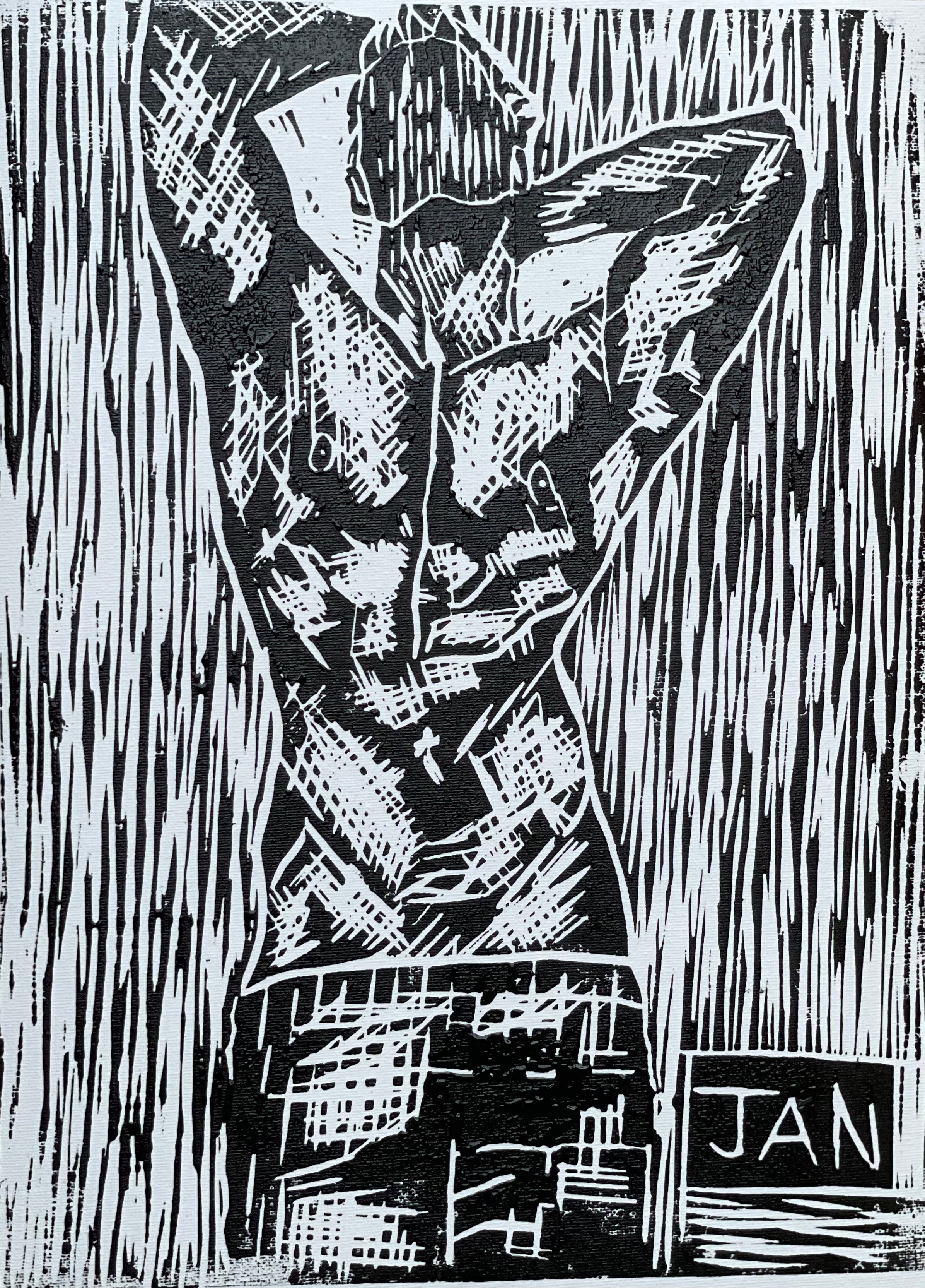 Adonis linocut artwork by JAN showing a stylized male figure with raised arms rendered in bold black and white carved lines on A3 paper.