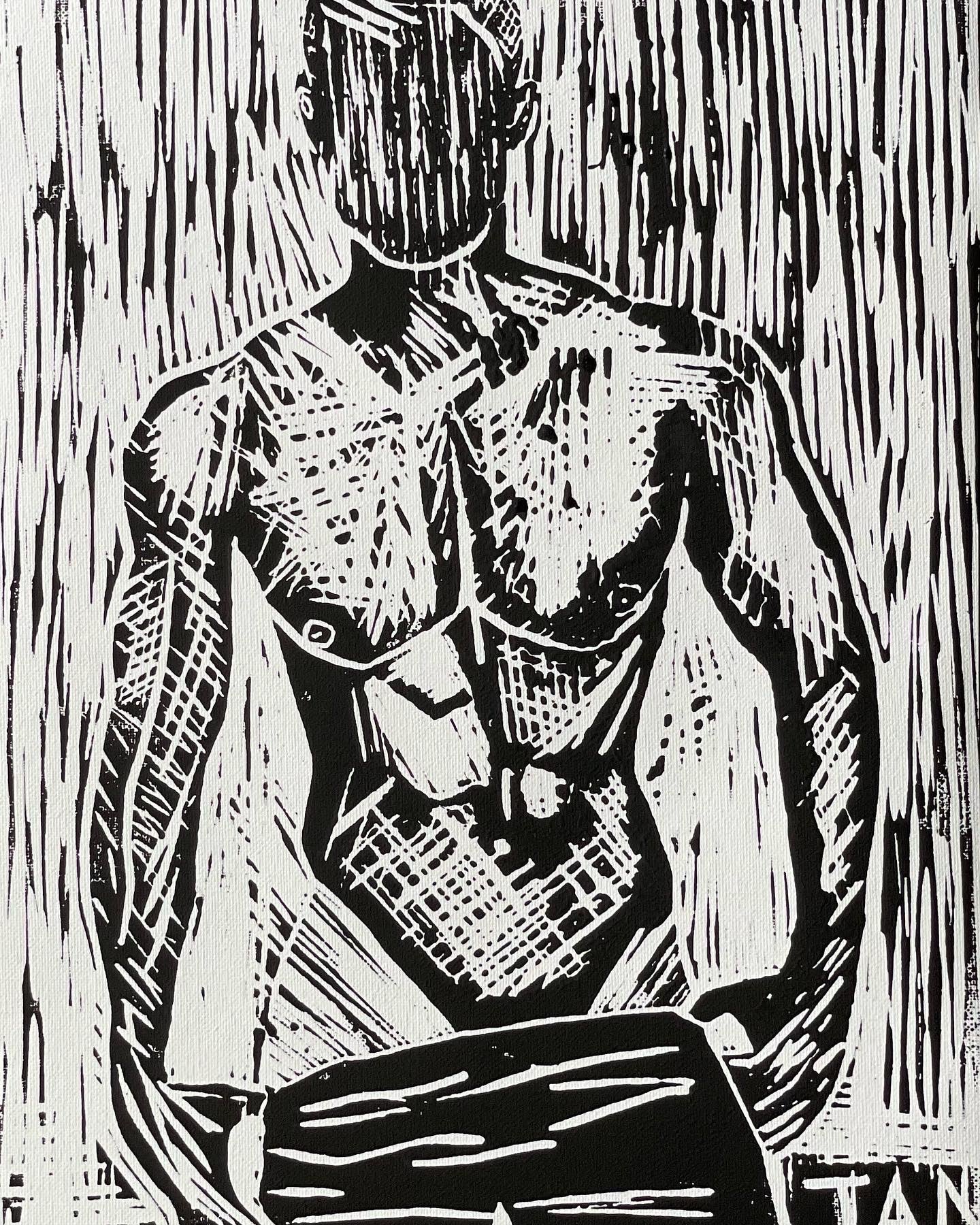 Eros linocut artwork by JAN showing a seated male figure in bold black and white carved lines with a textured vertical background on A3 paper.