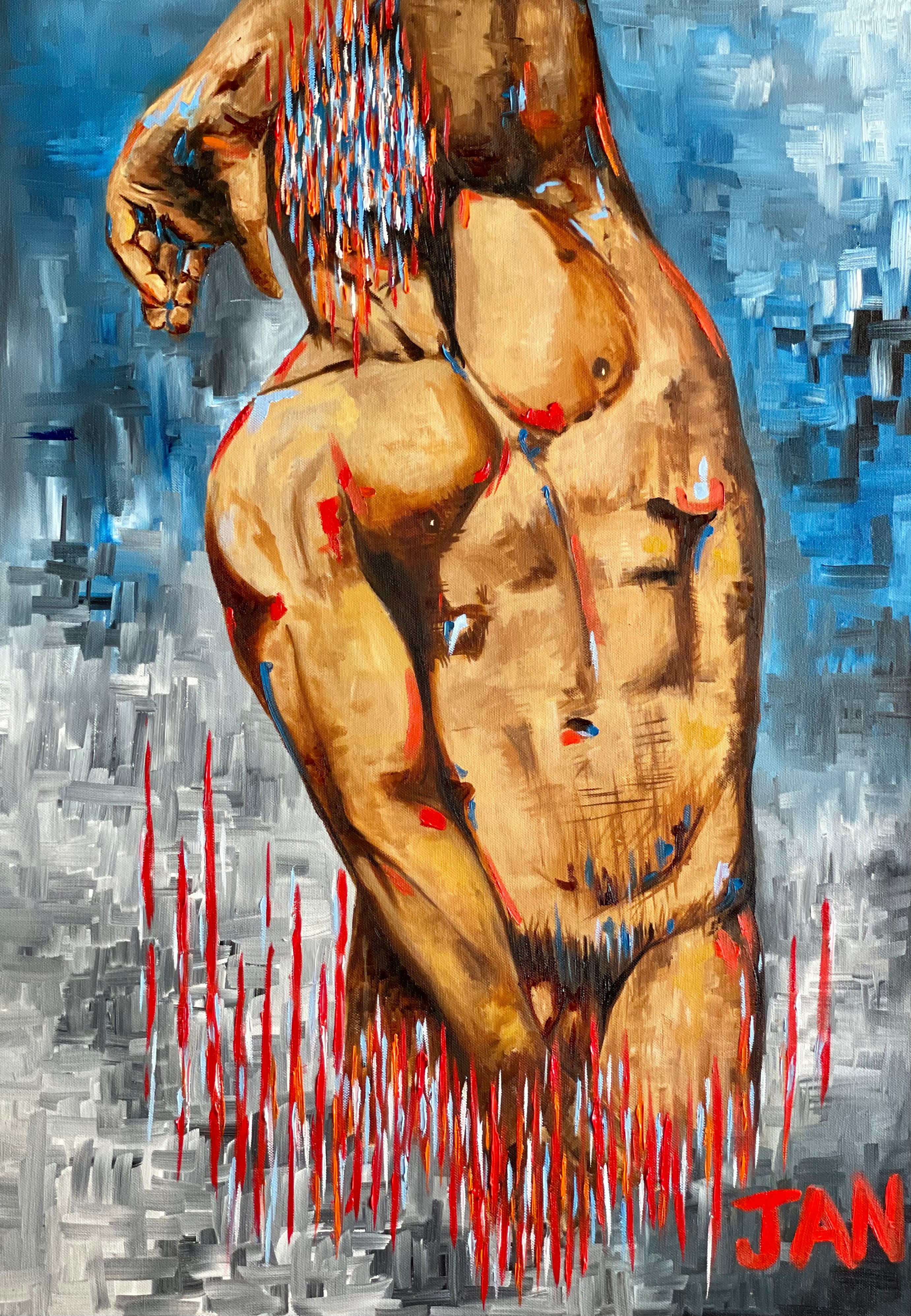 Zeus oil painting by JAN showing a twisted male figure with expressive brushwork and red vertical accents against a textured grey and blue background.