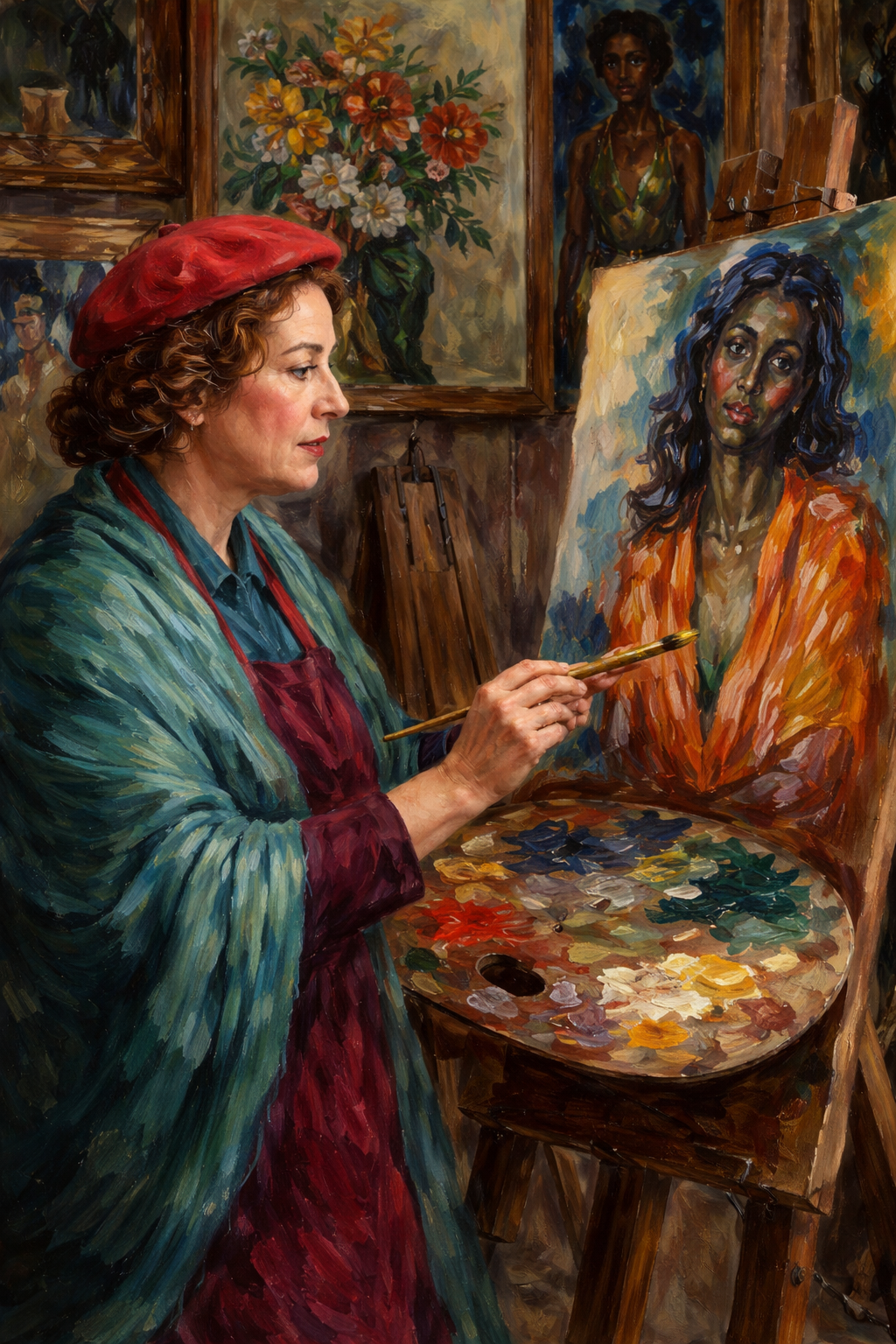 Irma Stern in her studio painting an expressive portrait, surrounded by vibrant artworks and a traditional oil painting palette