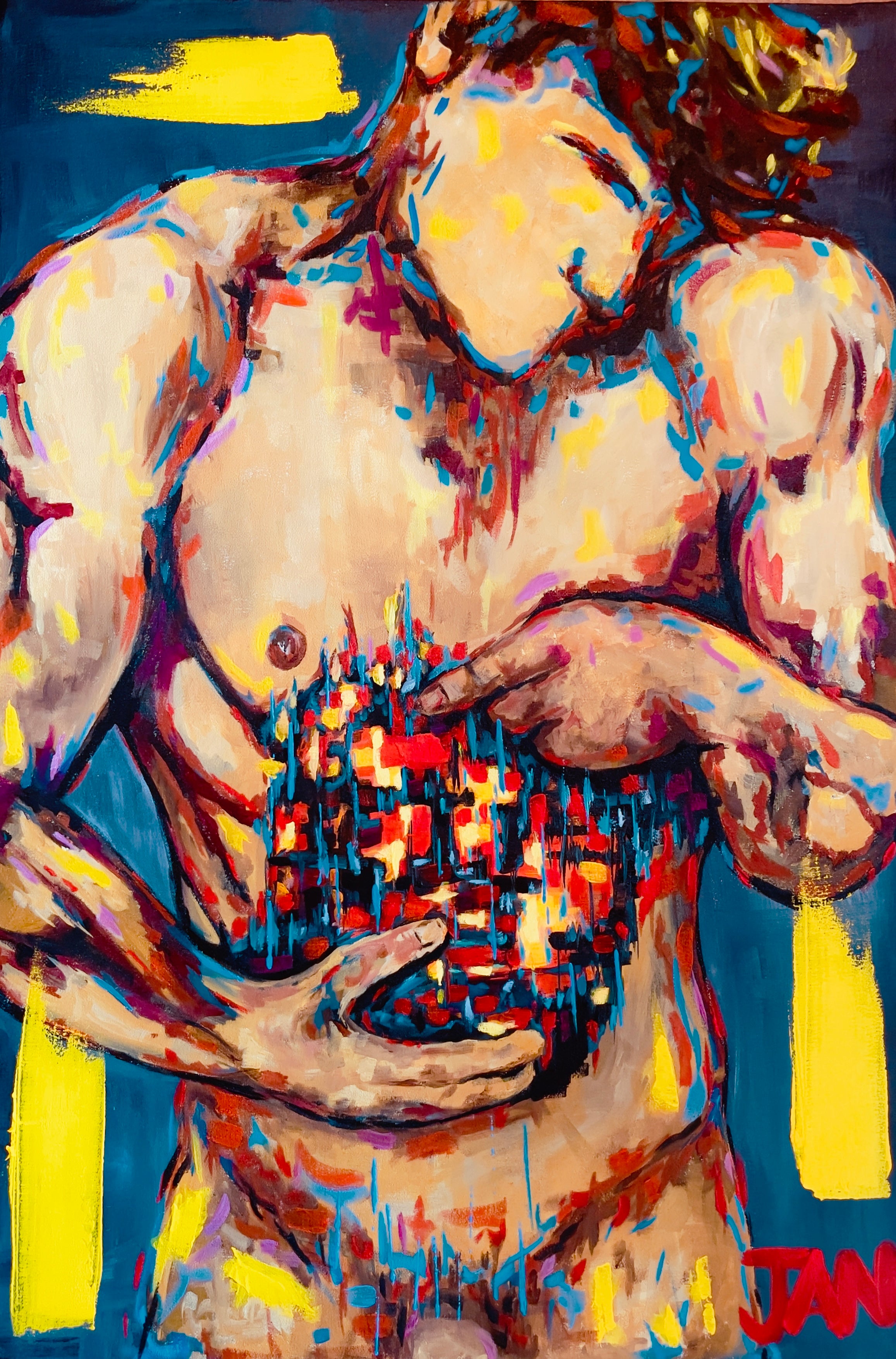 Contemporary figurative oil artwork titled Burning Desire by South African artist JAN featuring a figure revealing a glowing heart symbolising passion and emotion
