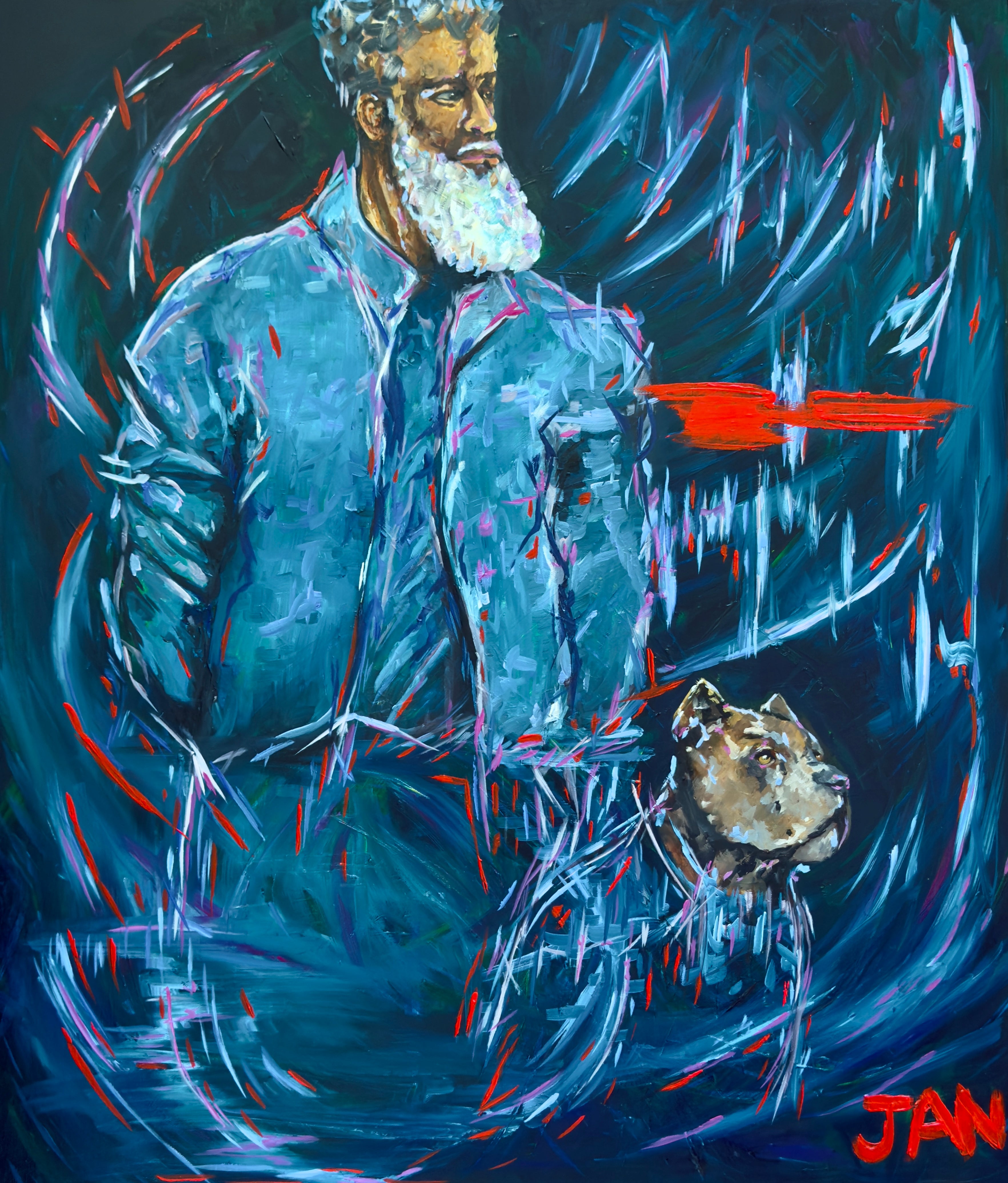 Expressive portrait oil painting titled Here I Am by South African artist JAN featuring a strong figure with a dog in bold impressionistic style