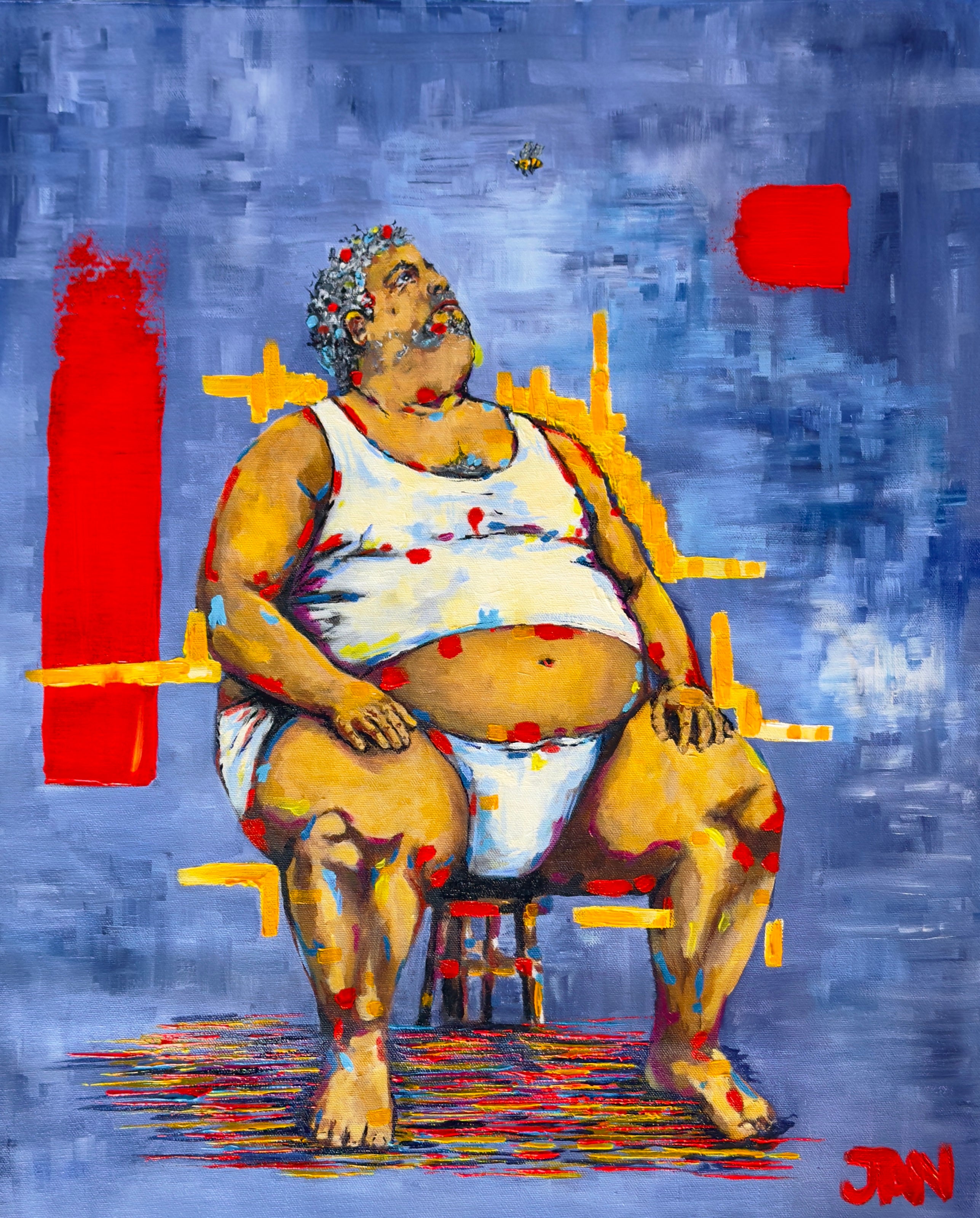 A Fragile Balance, original expressionist oil painting by JAN depicting a seated man on a small chair with a tiny bee above him, surrounded by blue, red and yellow expressive marks.
