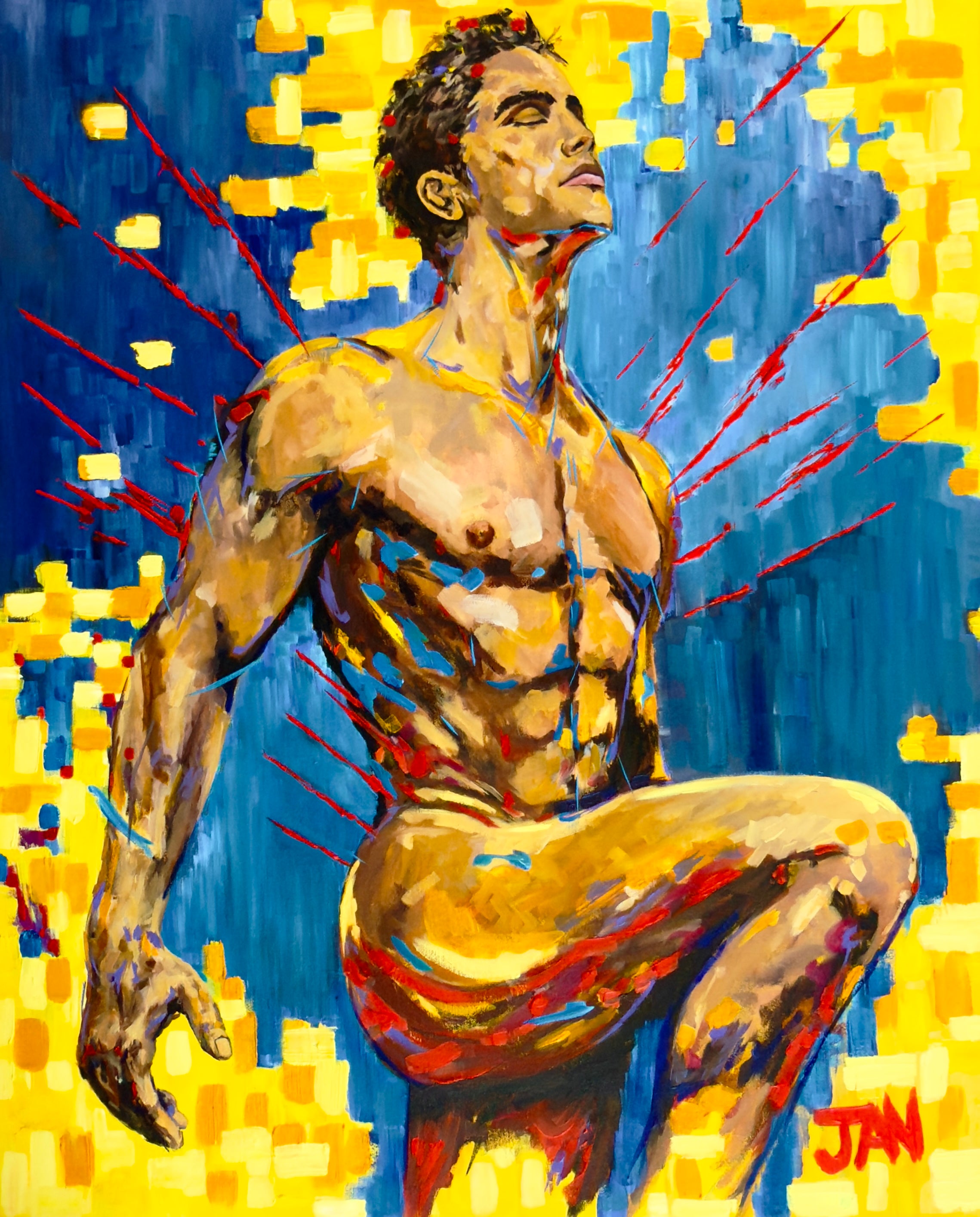 Ascendant original oil painting by JAN featuring a contemporary expressionist male figure surrounded by luminous yellow and blue energy, symbolising transformation and personal growth.