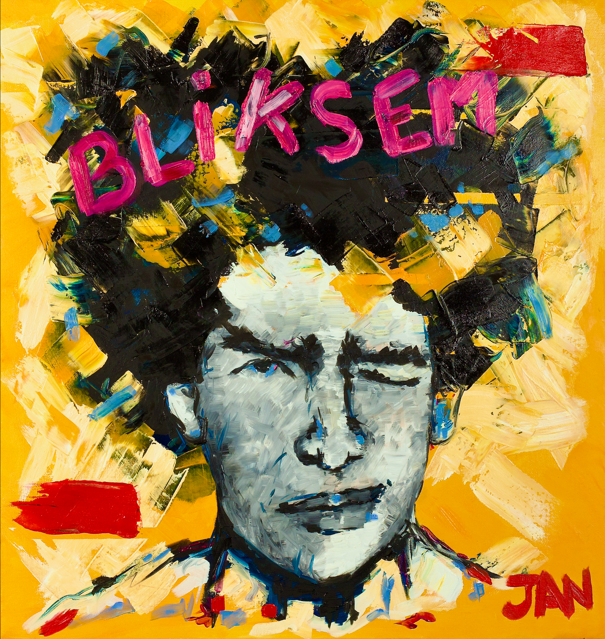 Contemporary expressive portrait titled Bliksem by South African artist JAN featuring bold colours and energetic brushwork