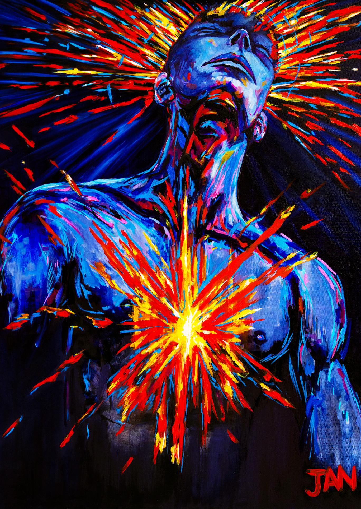 Explosion of Light by JAN contemporary expressionist oil painting male figure with radiant energy burst