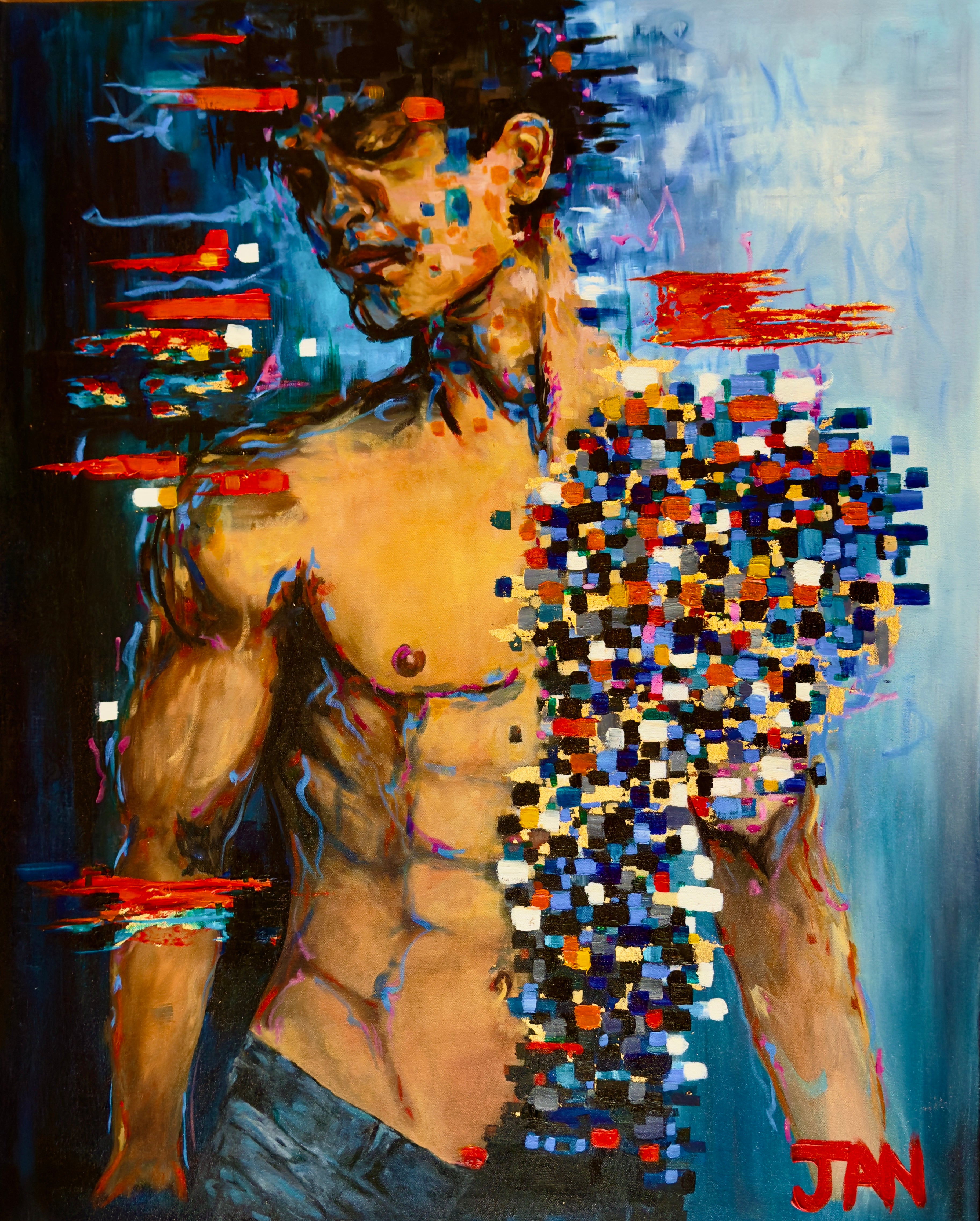 Fragmented Signal original oil painting by JAN contemporary expressionist figurative artwork with pixelated abstraction