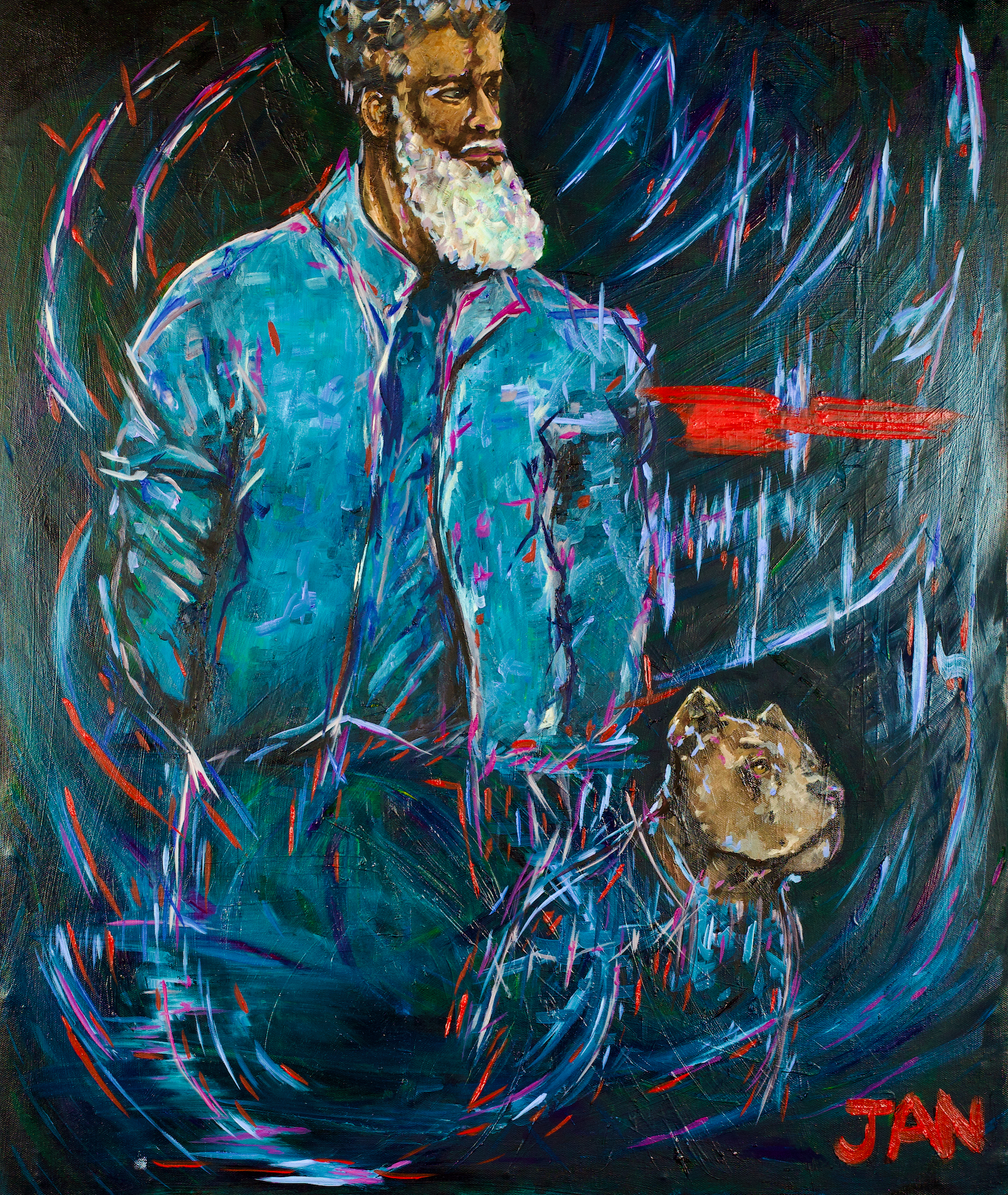 Expressive portrait oil painting titled Here I Am by South African artist JAN featuring a strong figure with a dog in bold impressionistic style