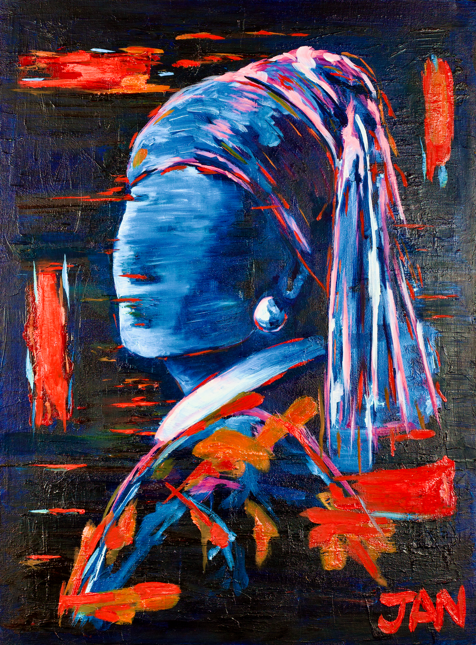 Contemporary reinterpretation of Girl with a Pearl Earring titled My Lady with a Pearl Earring by South African artist JAN in expressive oil on canvas style