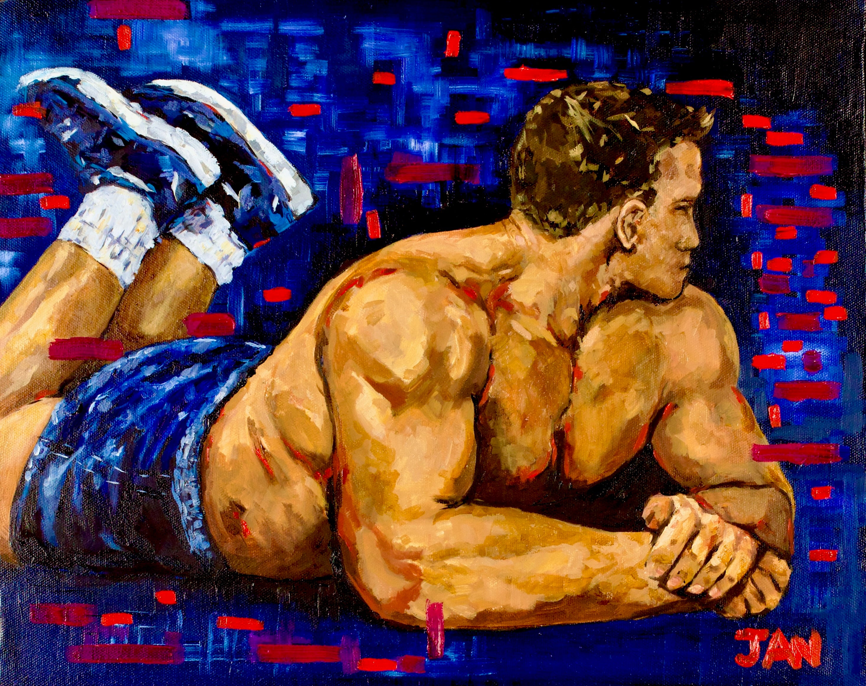Held Within and Reaching Out diptych by JAN contemporary oil paintings expressive male figures with abstract color and dynamic composition