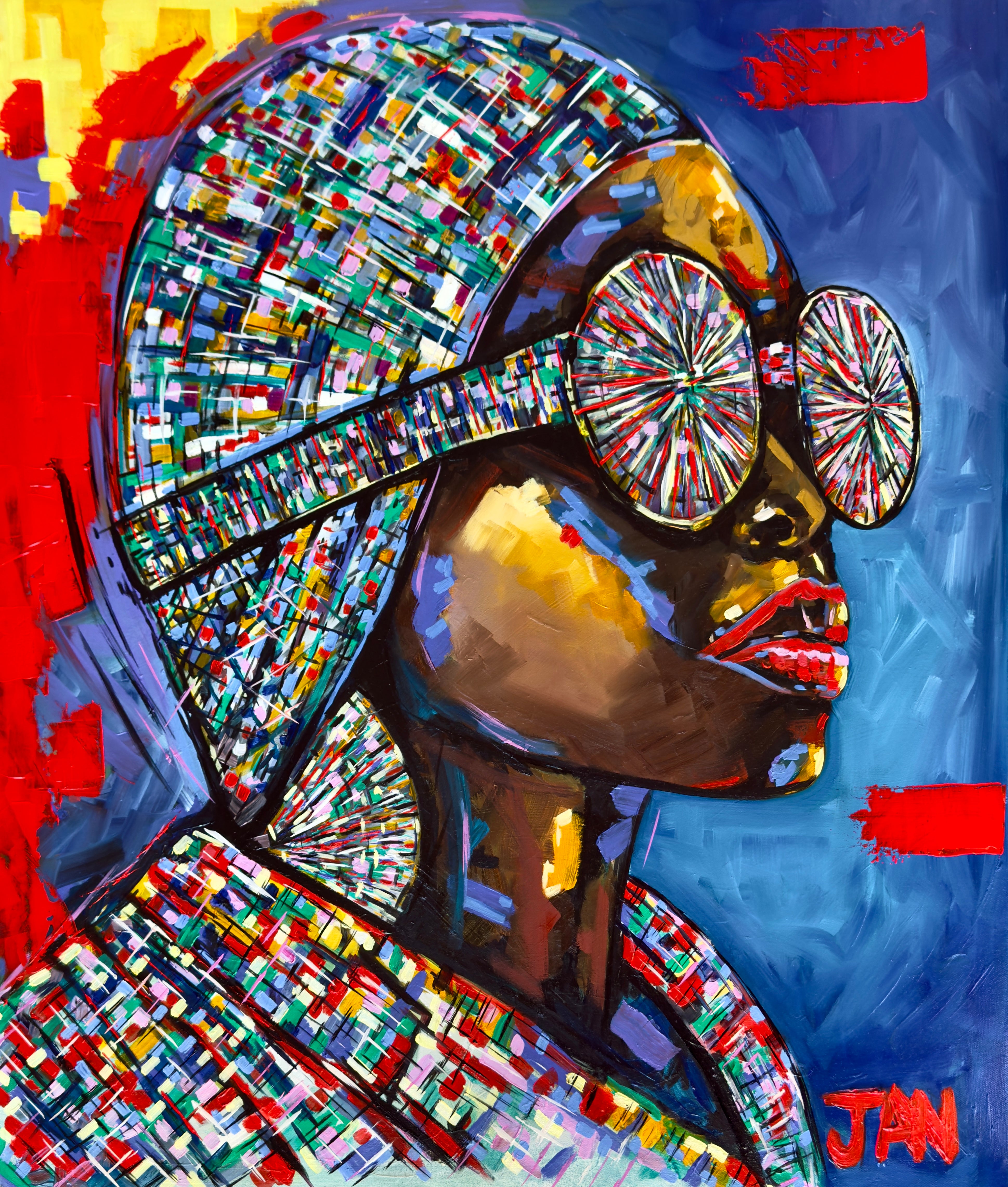 The Explorer, original expressionist oil painting by JAN featuring a female figure surrounded by vibrant fragmented patterns and bold colour.