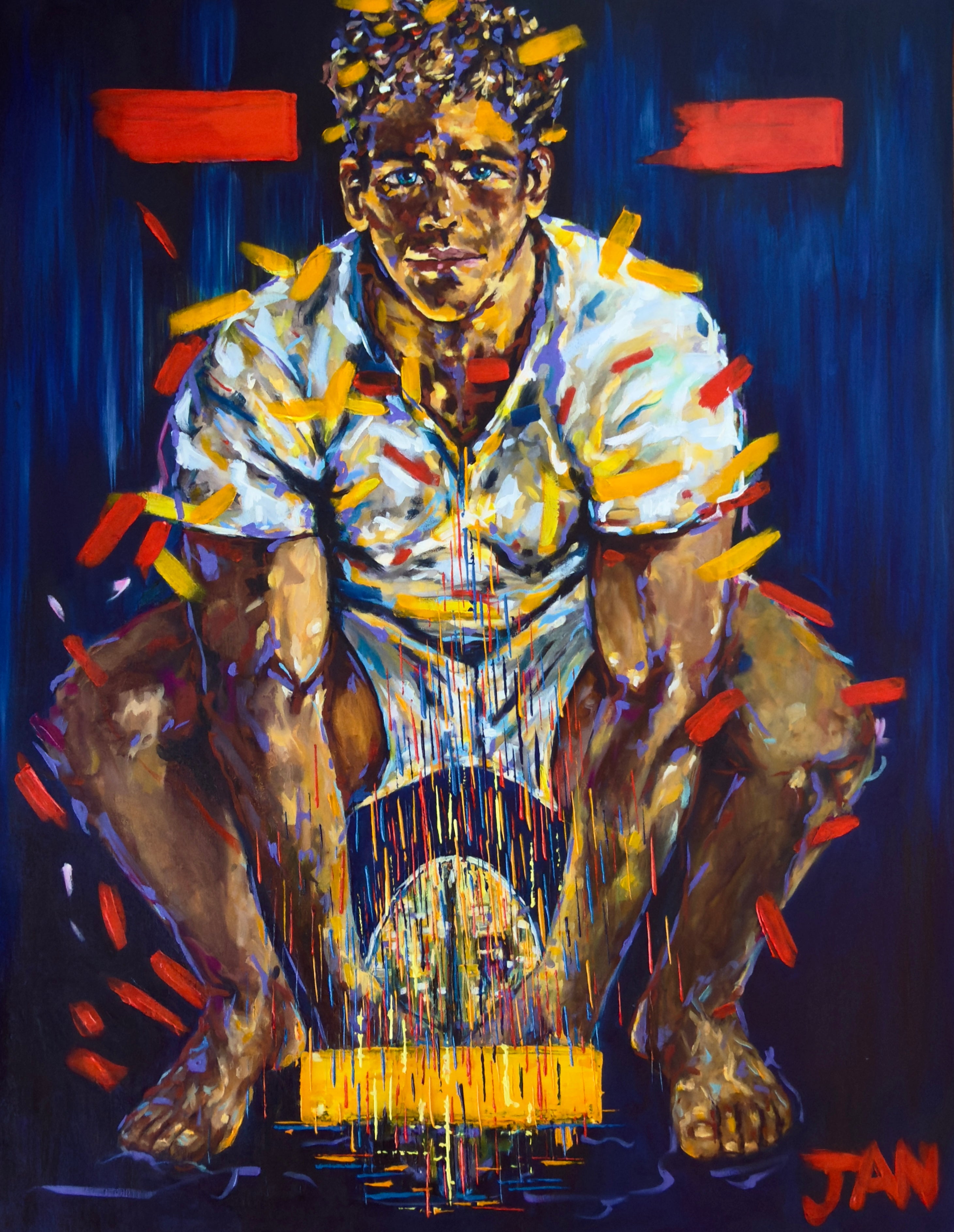 The Weight of Becoming by JAN, original contemporary South African expressionist oil painting of a contemplative male figure crouched over a symbolic ball, representing identity, dreams, resilience, and personal transformation.