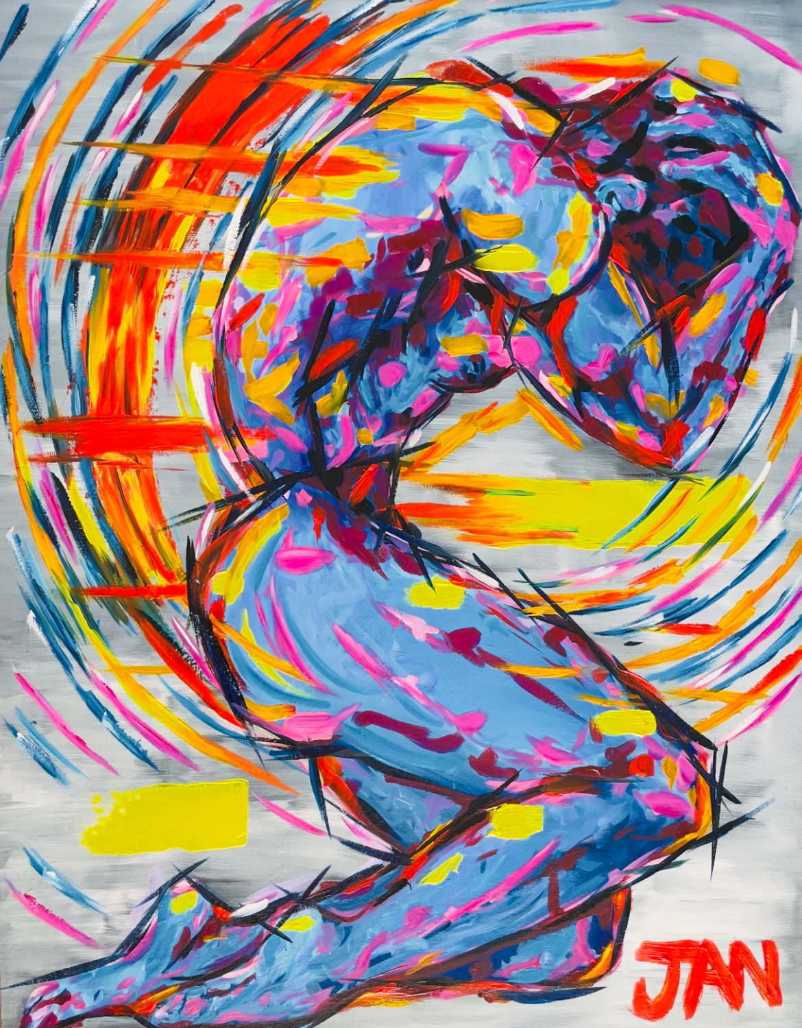 Contemporary figurative oil artwork titled Koes by South African artist JAN featuring a dynamic expressive human form with vibrant colour and movement