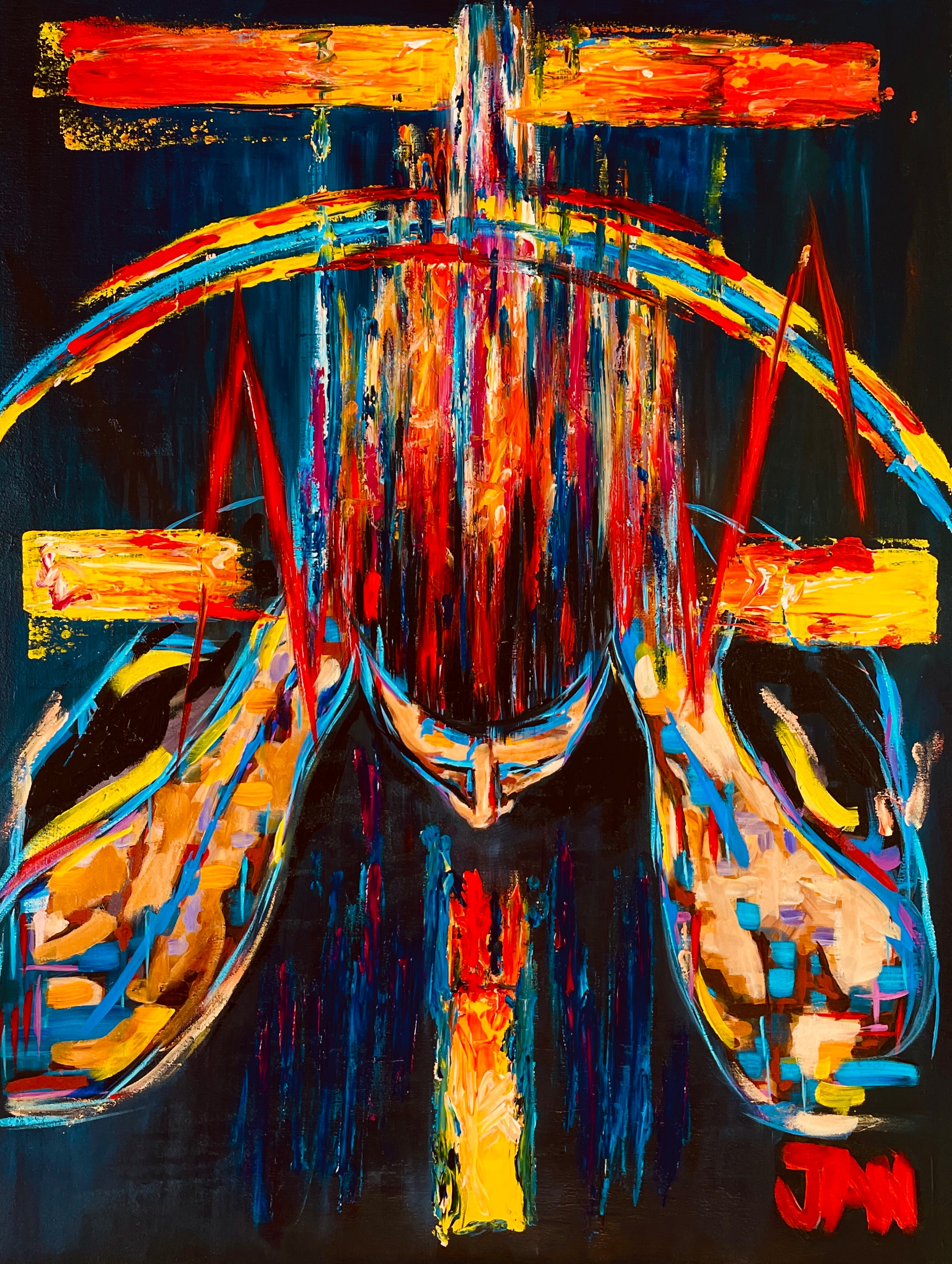 Contemporary expressionist oil artwork titled Lost Vibrations by South African artist JAN featuring a powerful abstract human figure with vibrant energetic brushwork