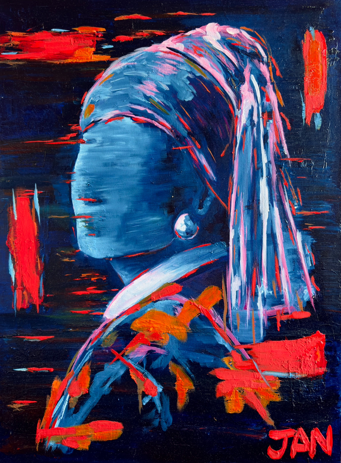 Contemporary reinterpretation of Girl with a Pearl Earring titled My Lady with a Pearl Earring by South African artist JAN in expressive oil on canvas style