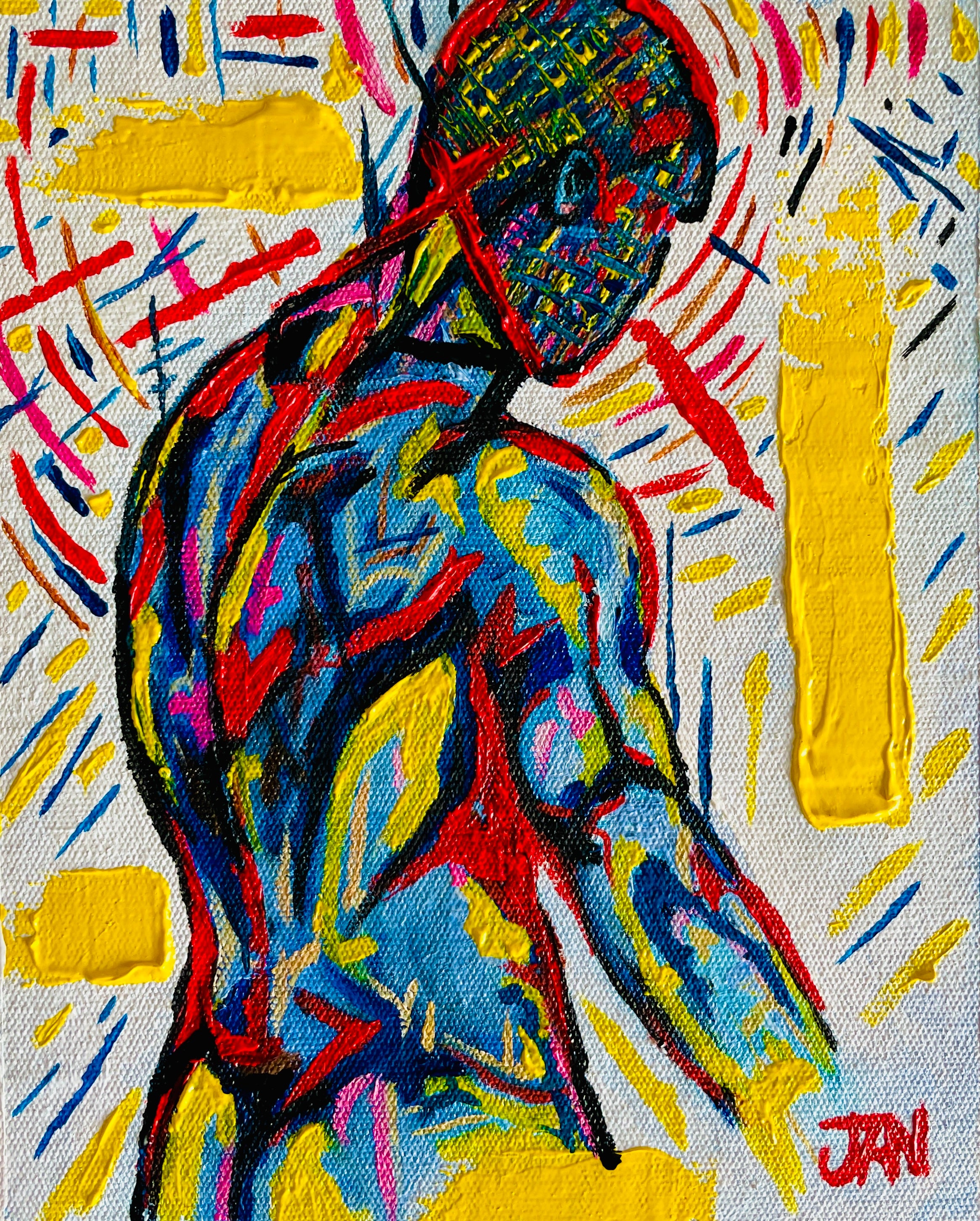 Small contemporary figurative oil artwork titled Number 5 by South African artist JAN with vibrant expressive colour and dynamic form