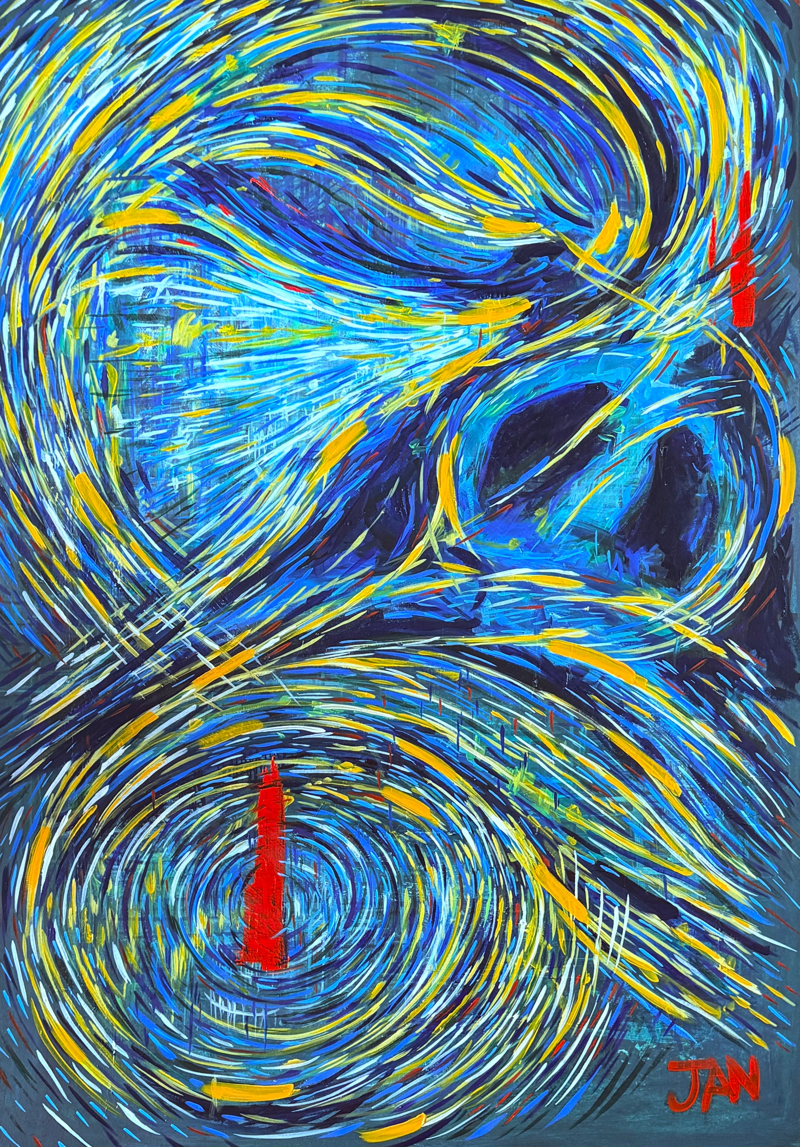 Still I Believe oil painting by JAN showing swirling blue and yellow strokes forming an abstract human figure with a red focal point on a large canvas.