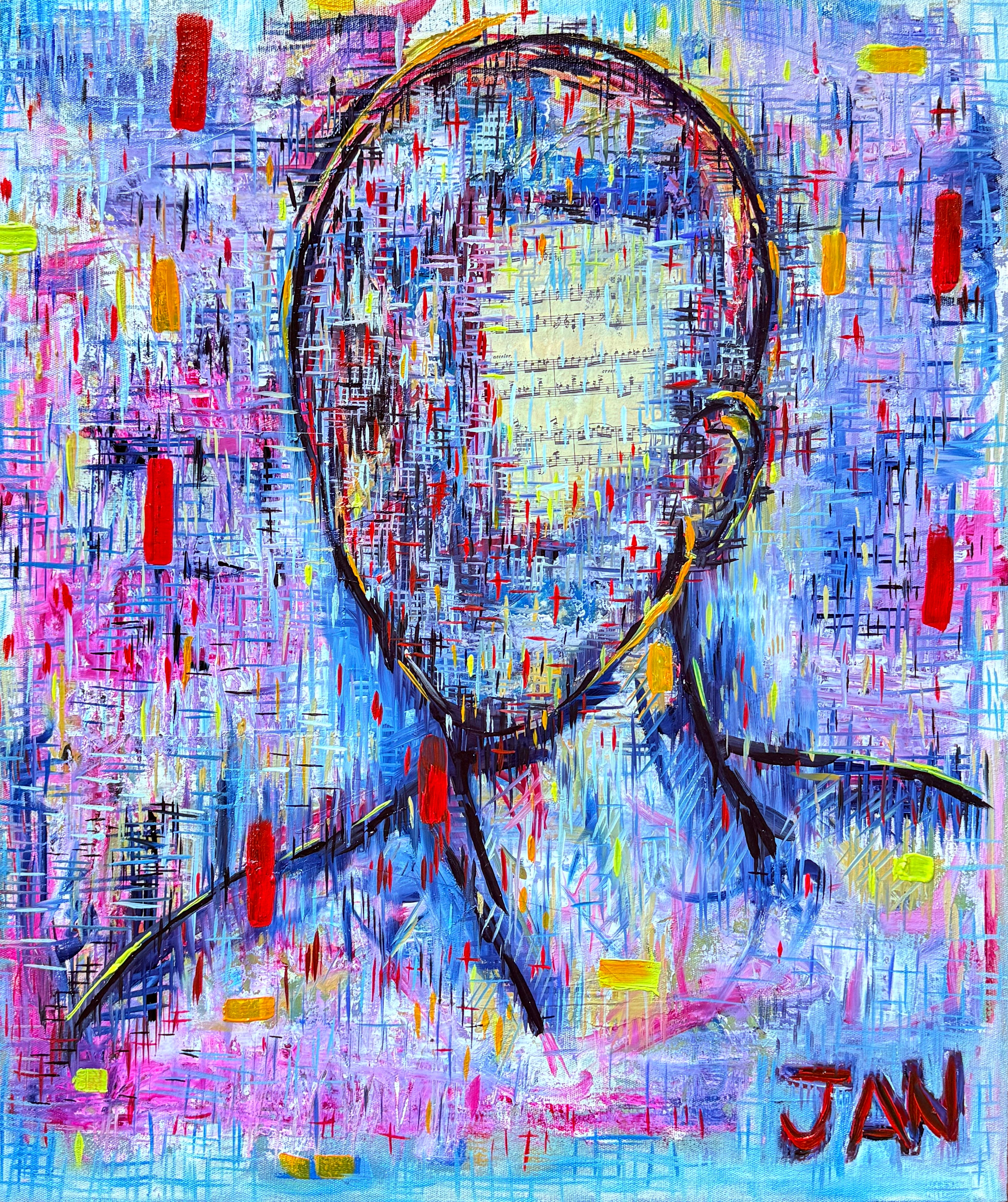 Contemporary abstract portrait titled The Glitch by South African artist JAN, oil on canvas with vibrant expressive colours and layered texture