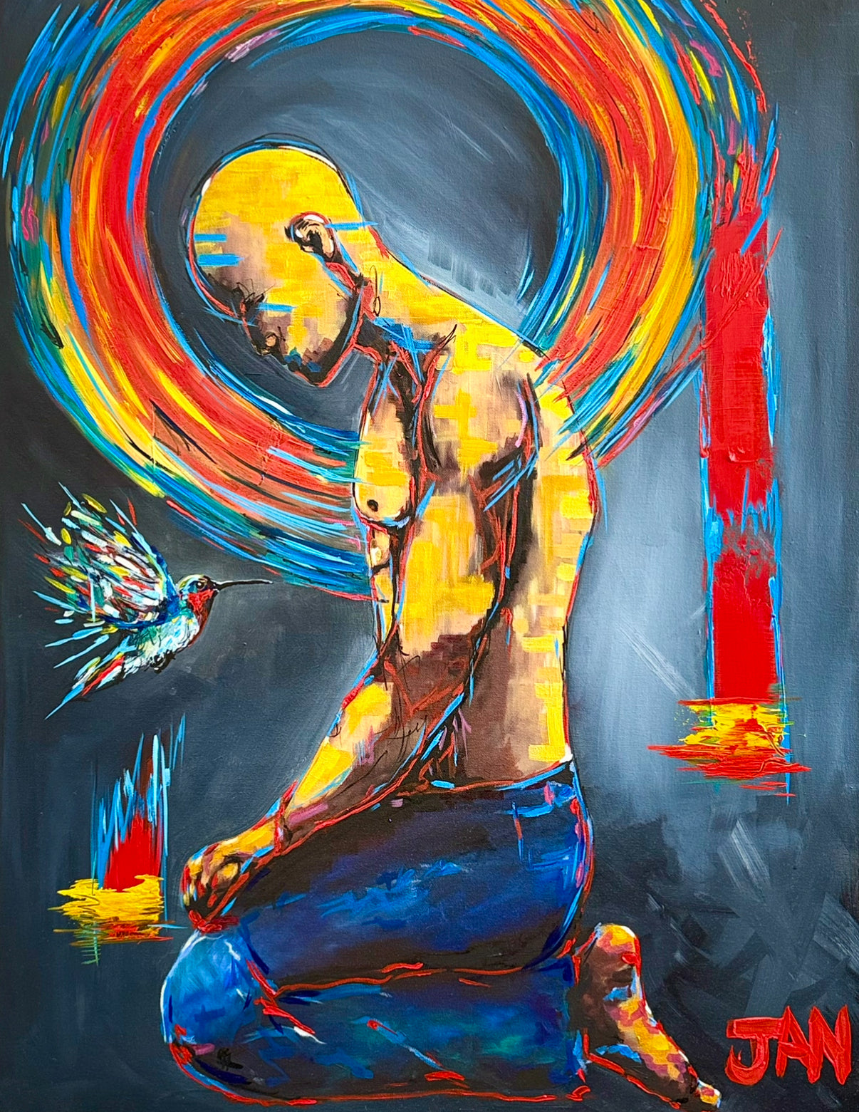 Contemporary figurative oil artwork titled Whisper of Grace by South African artist JAN featuring a seated figure with a hummingbird and vibrant circular brushwork