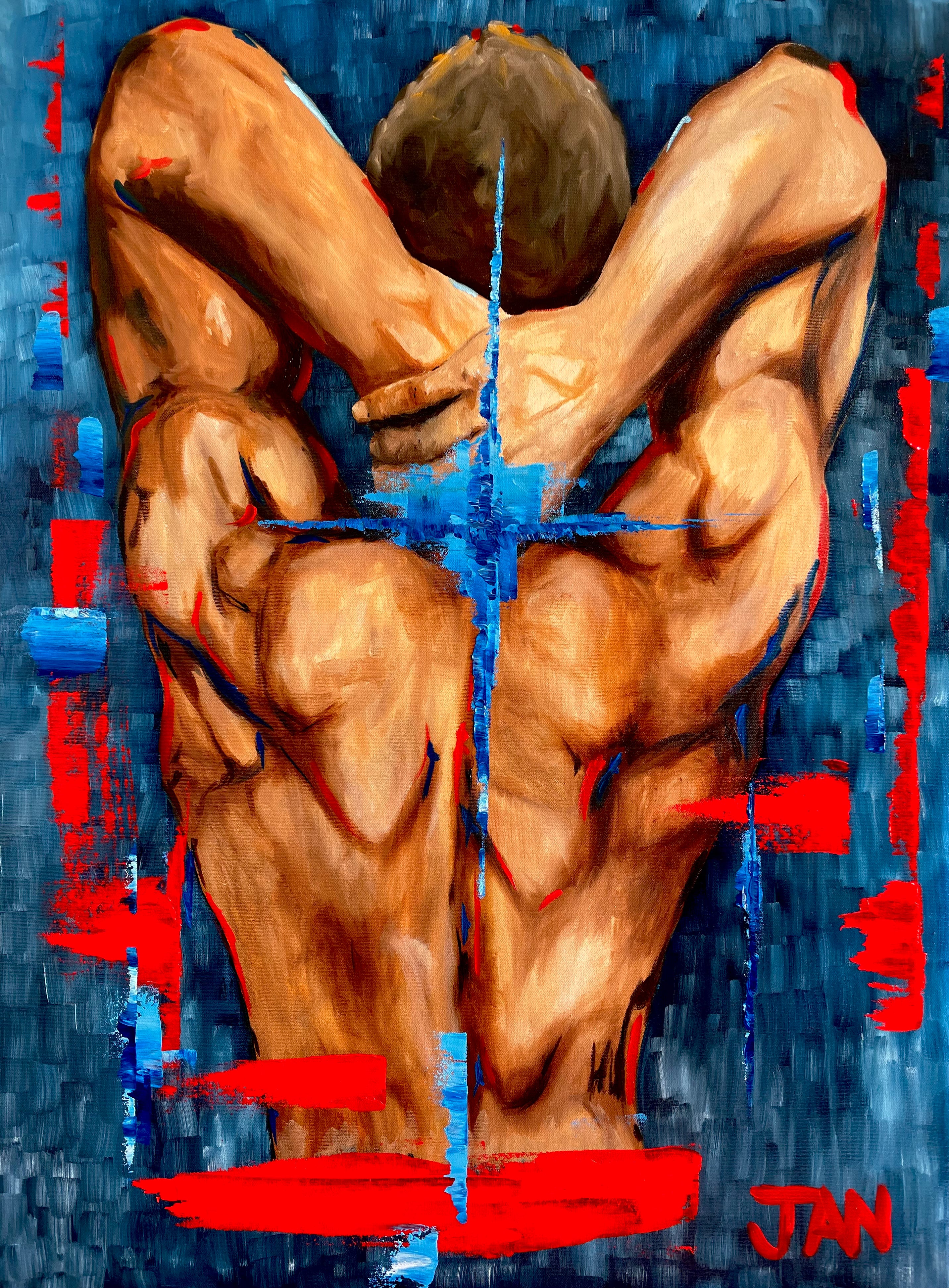 Surrender oil painting by JAN showing a muscular male back with raised arms, intersected by a blue cross-like form and expressive red and blue accents.